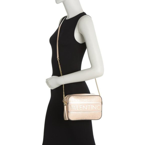 🆕VALENTINO  Babette Logo Gold Linen Textured Leather Shoulder Bag $950 NWT - Picture 14 of 14